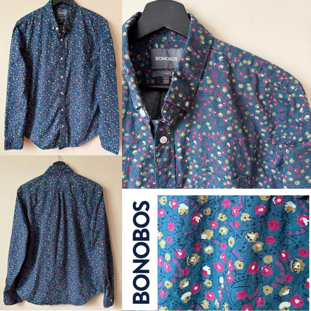 Bonobos Slim Fit Floral Button Down Shirt Navy Pink Red Long Sleeve Cotton M’s L